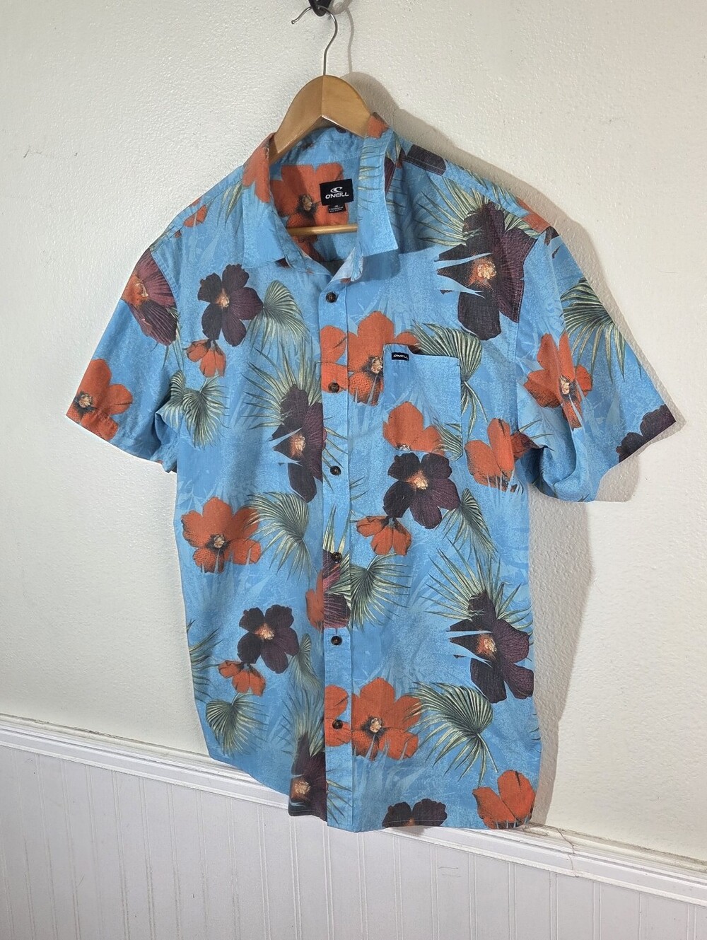 O’Neill Mens XL Blue Hawaiian Floral Tropical Button Front Shirt Surf Casual